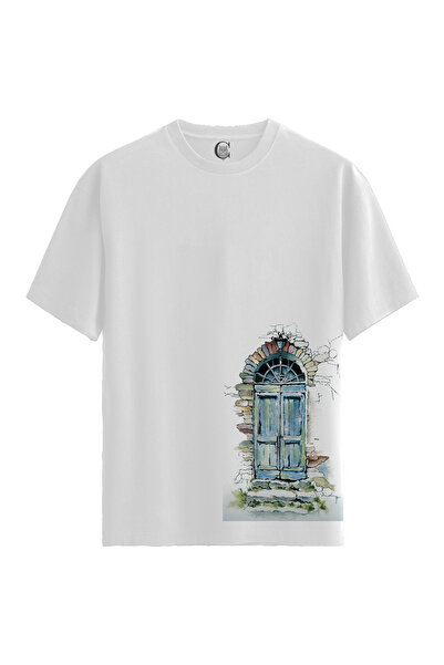 Color Luxe Women/Unisex White 100% Cotton Relaxed Fit Crew Neck Stone Door Sp...