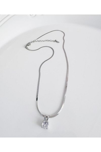 DEVİ fashion Steel Silver Single Stone Necklace 40 cm