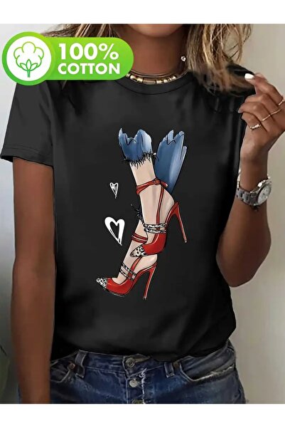 CLASİVA Stylish High Heel Boots for Women Printed Unisex Oversize Crew Neck T...