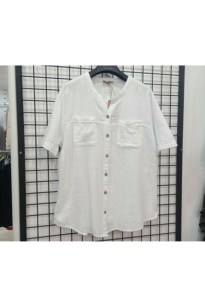 Butik Şans Short Sleeve Pocket Detailed Oversize Linen Shirt