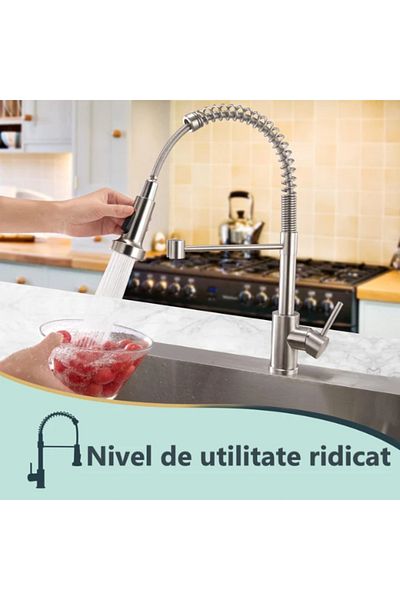 TrioStore Baterie Premium pentru Chiuveta Bucatarie, Duza Extractabila cu Furtun de 60 cm