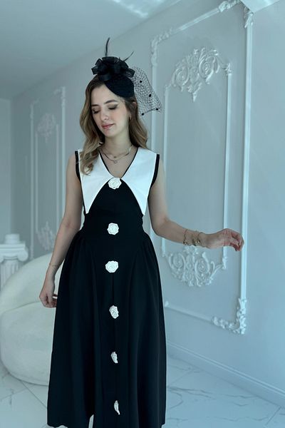 HELİS BUTİK Rose Detailed Atlas Black Dress