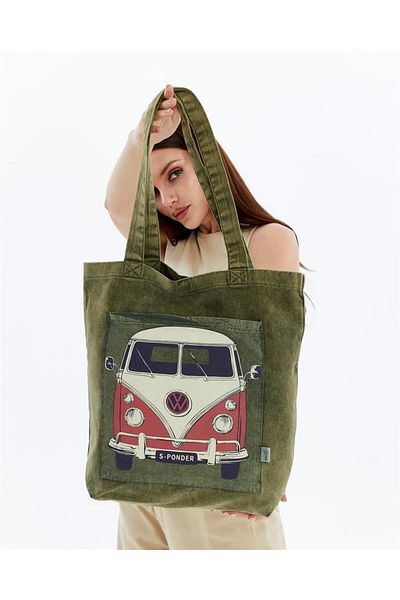 S-Ponder Classic Caravan Design 100% Cotton Snap Closure Tote Bag Cloth Handle and Shoulder Bag