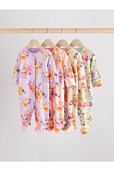 Next Baby 100% Cotton Pink Floral Patterned 4-Piece Romper Set