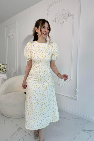 HELİS BUTİK Digital Floral Printed Atlas Fabric Yellow Dress