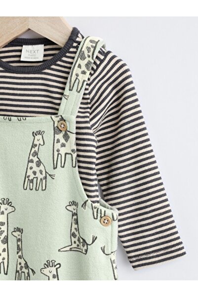 Next Baby Cotton Green Giraffe Patterned Overalls Bodysuit Set