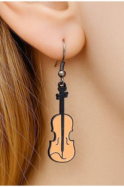 Fildişi Aksesuar Violin Shaped Enamel Women's Earrings Double Pieces Handmade Earrings