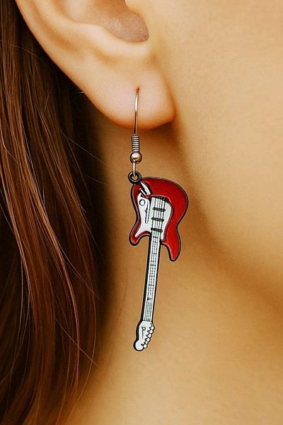 Fildişi Aksesuar Electric Guitar Shaped Enamel Women Earrings Double Pieces Handmade Earrings