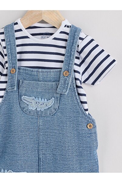 Next Baby Cotton Blue Denim Crocodile Patterned Overalls Bodysuit Set