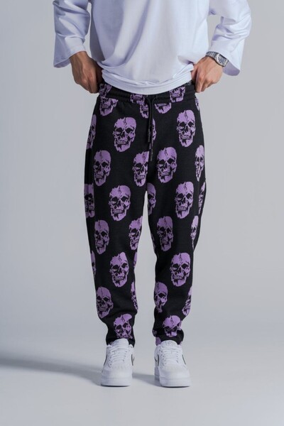 FıttingRoom Baggy Trousers with Elastic Waist and Skull Pattern