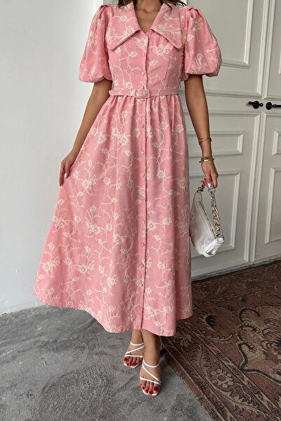 HELİS BUTİK Pointed Baby Collar Balloon Sleeve Pink Brode Dress
