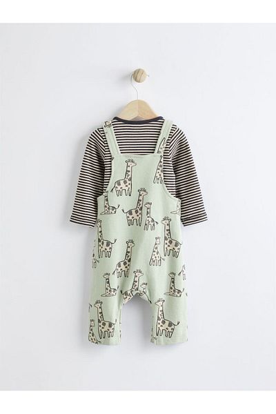 Next Baby Cotton Green Giraffe Patterned Overalls Bodysuit Set