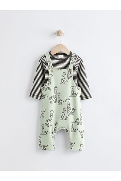 Next Baby Cotton Green Giraffe Patterned Overalls Bodysuit Set
