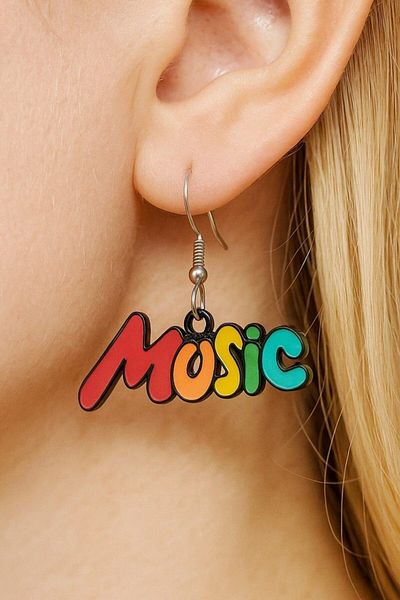 Fildişi Aksesuar Music Lettering Shaped Enamel Women's Earrings Double Pieces Handmade Earrings