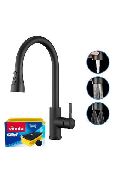 TrioStore Baterie Premium pentru Chiuveta Bucatarie, Duza Extractabila cu Furtun 70 cm, Burete Vase Vileda
