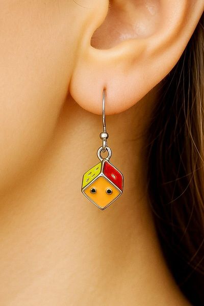 Fildişi Aksesuar Colorful Dice Shaped Enamel Women's Earrings Double Pieces Handmade Earrings