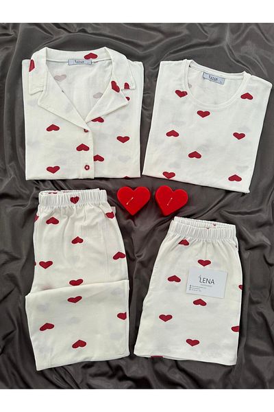 Lena Homewears Women's Heart Patterned 4-Piece Short Sleeve Shorts Pajamas Set