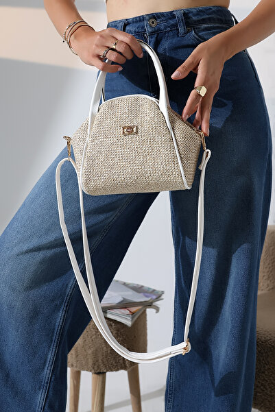 Encool Straw Look Small Size Women's Gold Buckle Zipper and Snap Detail Cross Strap Shoulder Handbag