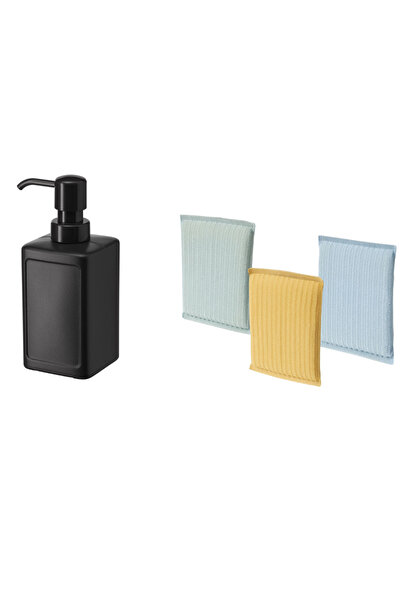 IKEA Black Liquid Soap Dispenser and 3-Piece Multi-Color Cleaning Cloth Set - Kitchen Bathroom Practical Cleaning Products