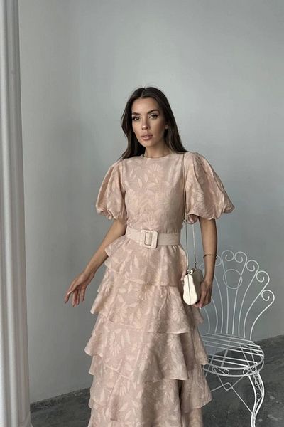 Kaplan Rochie bej cu mâneci balon în straturi cu centură