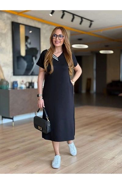 isez Women's Short Sleeve V Rib Collar Slit Midi Viscose Two Thread Dress