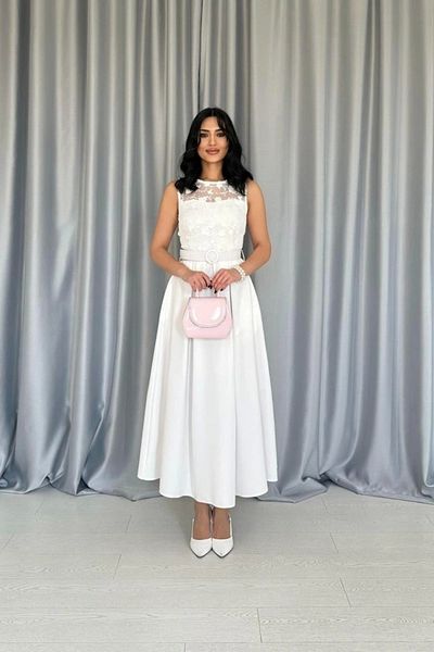 MRA Fashion Rochie albă cu curea cu dantelă în față
