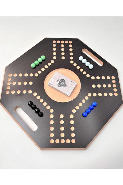 Other Jackaroo Wooden Board Game, 4 Players With 1 Deck Of Cards & 16 Marbles (40x40cm)