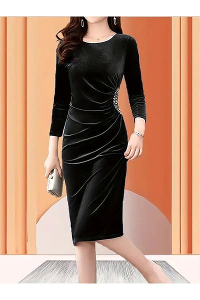 MODA Rochie midi din catifea midi, cu mâneci lungi, cu guler deschis, cu detaliu de piatră