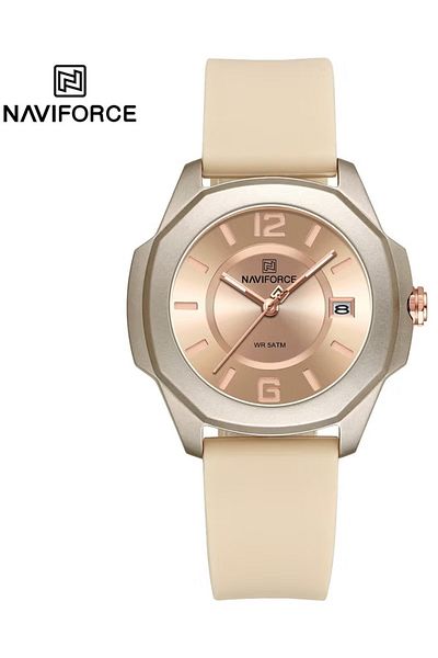 Naviforce Champagne Gold Analog Watch for Men and Women Elegant Round Dial Wristwatch with Silicone Strap