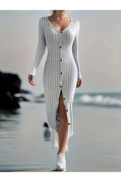 By Mino Women's Long Sleeve V-Neck Front Buttoned Shirred Camisole Dress