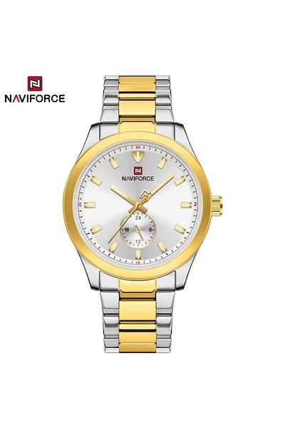 Naviforce Men's Luxury Dress Watch – White & Gold Stainless Steel Waterproof Luminous Hands Elegant Design