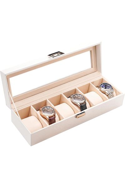 rexa 6-Slot Watch Box Organizer – Jewelry Display Case with Glass Lid (32.5W x 17D x 8H cm) for Watches