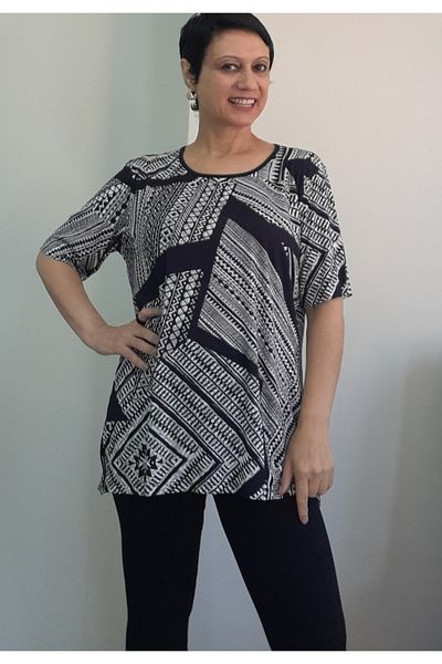 Mertcan Butik Black and White Print Short-Sleeved Combed Viscose T-Shirt