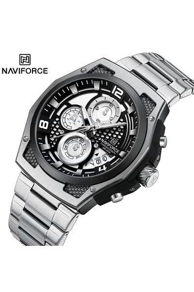 Naviforce Men’s Stainless Steel Chronograph Watch with Black and Silver Dial, Multi-Function Sports Timepiece