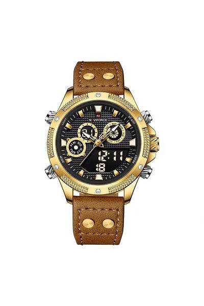 Naviforce Men's Luxury Gold Chronograph Digital Analog Watch Black Dial Leather Strap Multi-Function