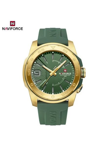 Naviforce Luxury Green and Gold Silicone Strap Watch with Textured Dial Quartz Movement and Water Resistance