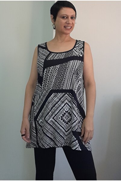 Mertcan Butik Black and White Patterned Combed Viscose T-Shirt with Thick Straps