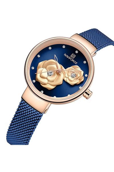 Naviforce Elegant Women's Quartz Watch Stylish Round Dial with Floral Embossed Design Crystal Hour Markers