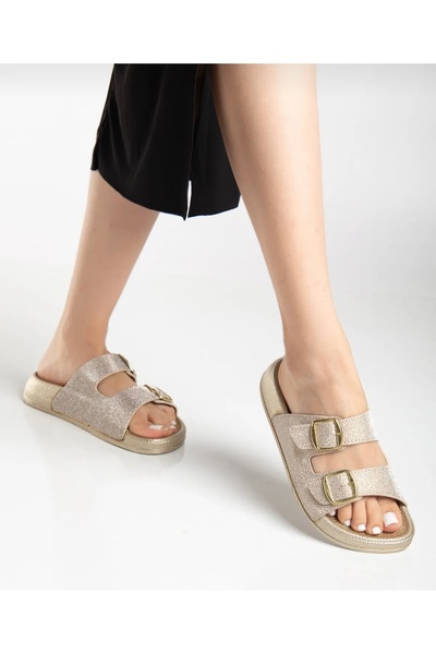 Alphus Pienn Çift Kemerli Simli Kadın Günlük Şık Terlik
