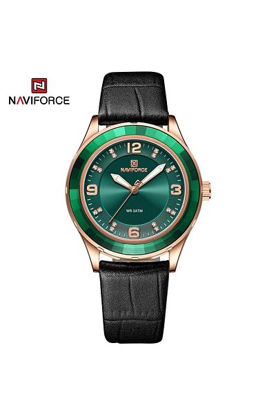 Naviforce Luxury and Elegant Green Leather Analog Wrist Watch with Water Resistance and Gold-Tone Case