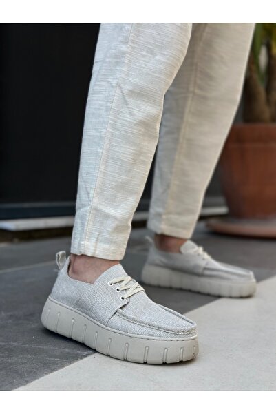 TUGERDİ Ανδρικά καλοκαιρινά παπούτσια από λινό κρεμ, ελαφριά ψηλή σόλα με κορδόνια TGE230826