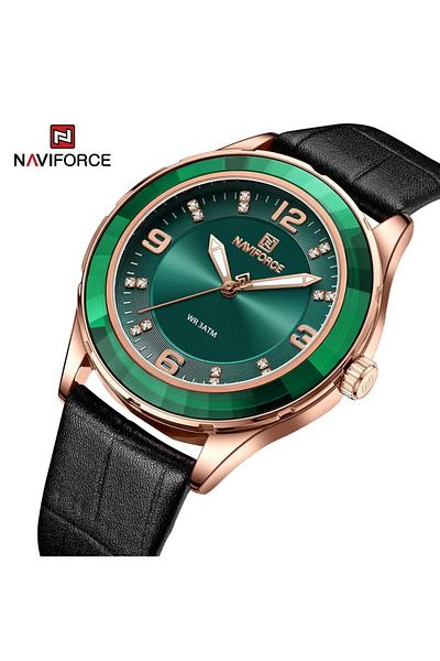 Naviforce Luxury and Elegant Green Leather Analog Wrist Watch with Water Resistance and Gold-Tone Case