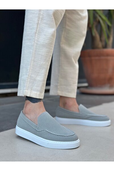 TUGERDİ Gray Suede Light High Sole Laceless Style Men's Shoes Tge230391