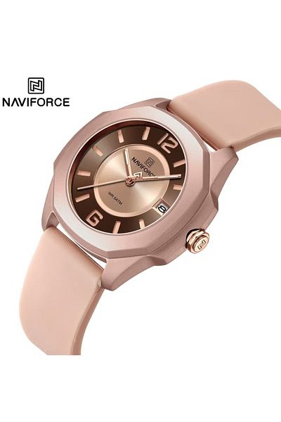 Naviforce Rose Gold Analog Watch for Men and Women Elegant Round Dial Wristwatch with Silicone Strap