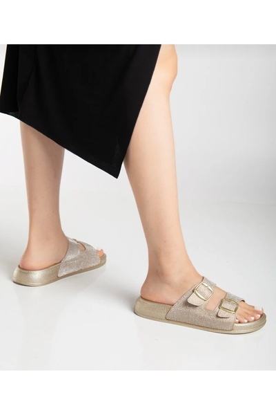 Alphus Pienn Çift Kemerli Simli Kadın Günlük Şık Terlik