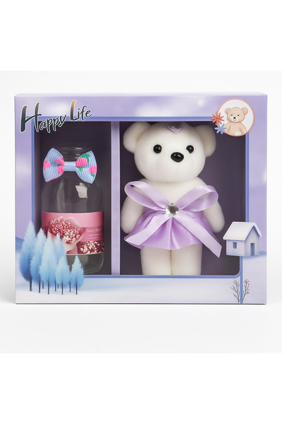 Bittox Büyük Boy Romantik Mor Hediye Kutusu Peluş Ayıcık ve Led Işıklı Şişe- ...