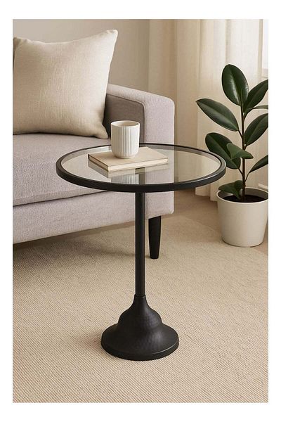 Living Glass Service Table with Black Steel Base 52x35 cm
