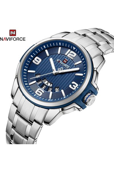 Naviforce Mens Blue Dial Stainless Steel Strap Watch Analog Quartz Waterproof with Day and Date Display