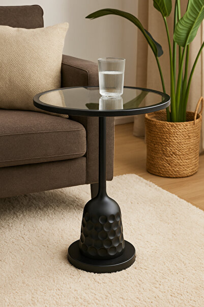 Living Glass Service Table with Black Steel Base 52x35 cm