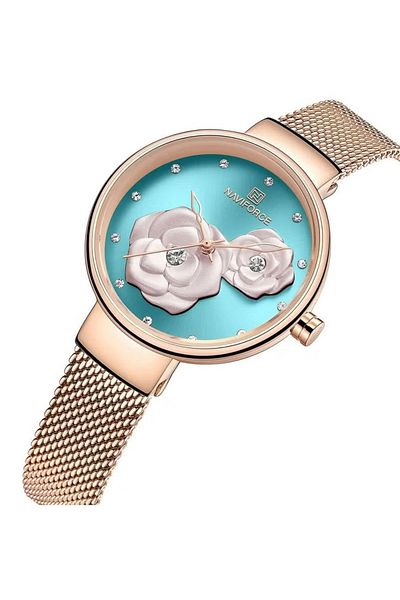 Naviforce Elegant Women's Quartz Watch Stylish Round Dial with Floral Embossed Design Sparkling Crystal